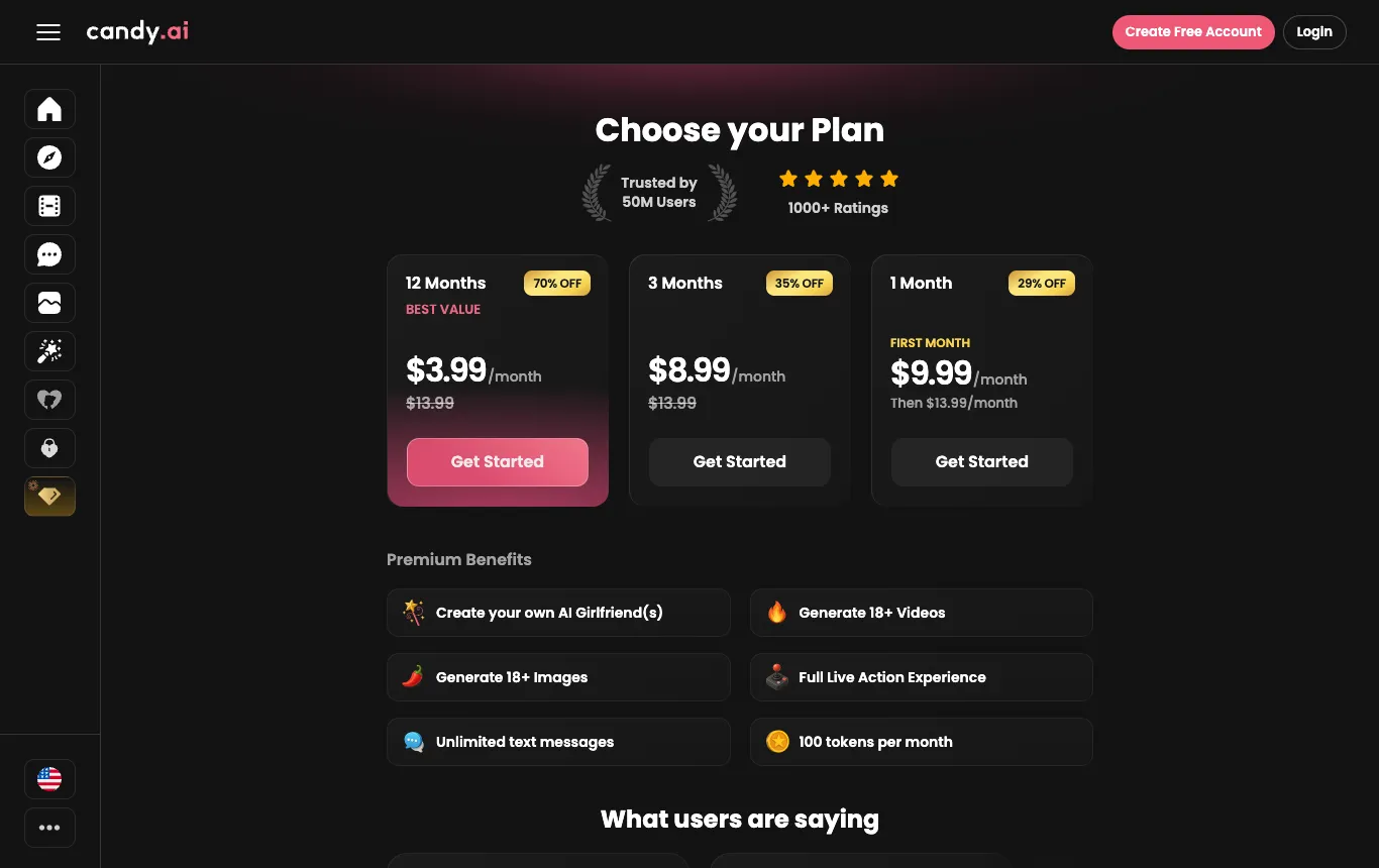 Screenshot of the official Candy AI pricing page, captured October 8, 2026